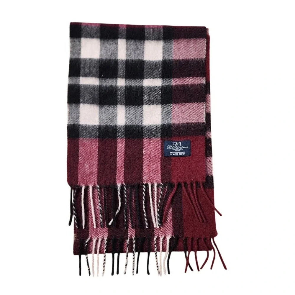 BALLANTRAE EDINBURGH Plaid Lambswool Scarf Burgundy Check Fringe